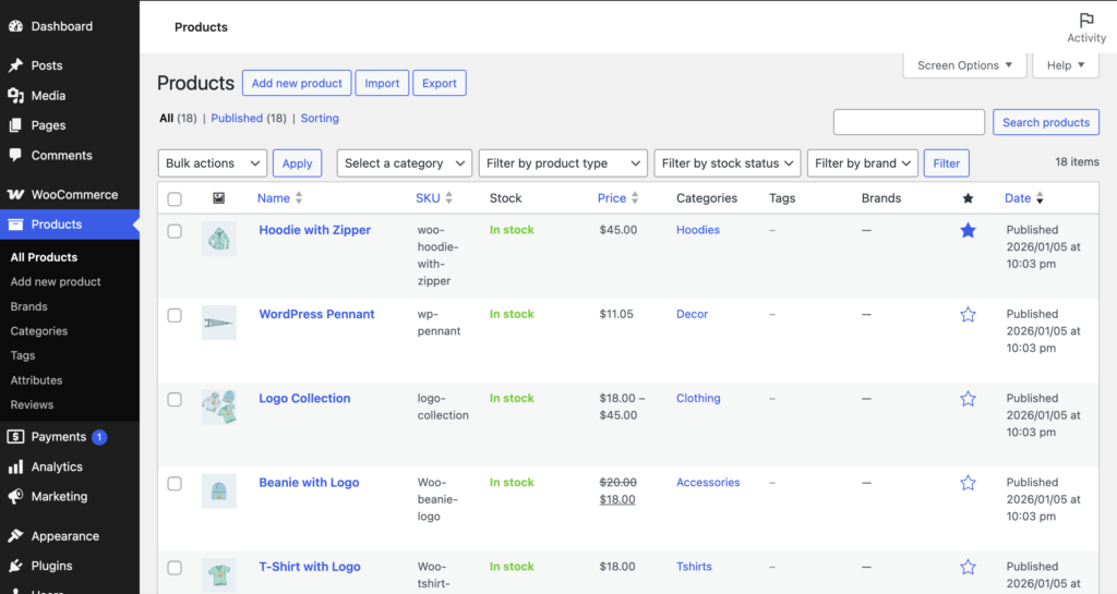 WooCommerce Product Listing Page - WP Admin